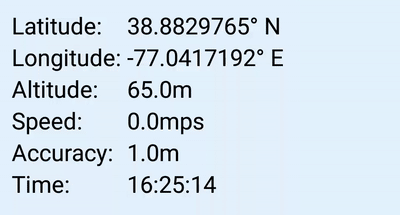 Typical spoofing app while moving: only lat/lng update, speed stays at zero