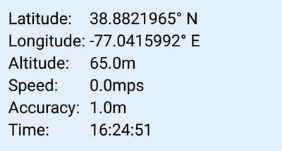 Typical spoofing app while stationary: altitude, speed, and accuracy never change